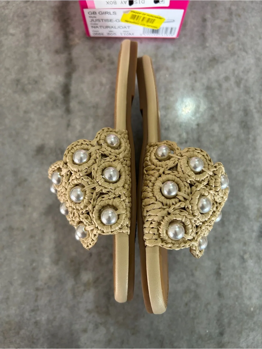 GB Girls Tan Crochet Slide Sandals with Pearl Accents Size 11M